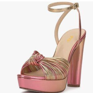 FYS Pink Knot Peep Toe Sandals Ankle Strap Block High Heels Sexy Peep Toe Shoes